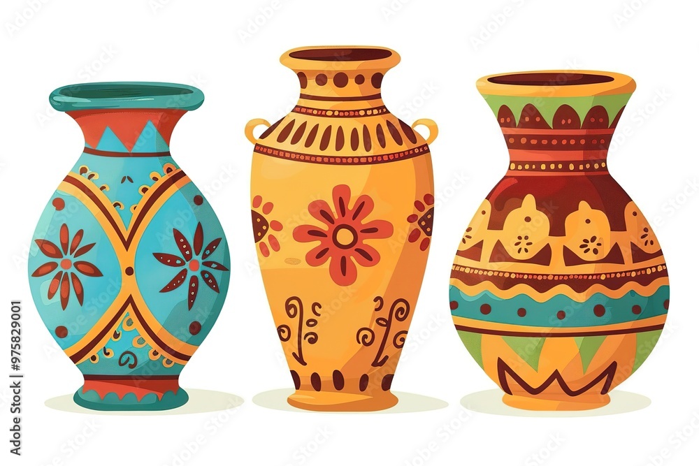 Set of vases for home flowers with a striped pattern. Plant pot. Element of a room interior. Ancient greek style and design. Flat vector illustration isolated on white background Set of vases for home flowers with a striped pattern. Plant pot. Element of a room interior. Ancient greek style and design. Flat vector illustration isolated on white background