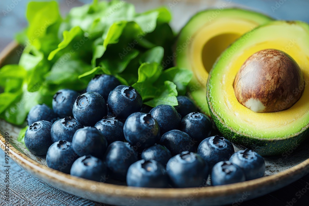 Obraz premium Colorful plate of brainboosting foods, 3D illustration, closeup of avocado, blueberries, and leafy greens, photorealistic details, natural sunlight, sharp textures