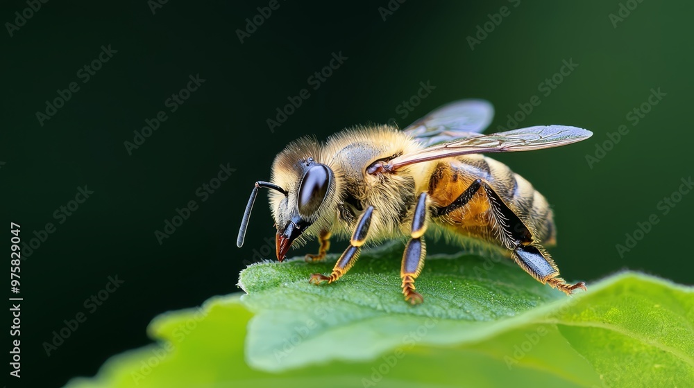 A bee atop a green leaf on a piece of paper A bee atop a green leaf on a piece of paper