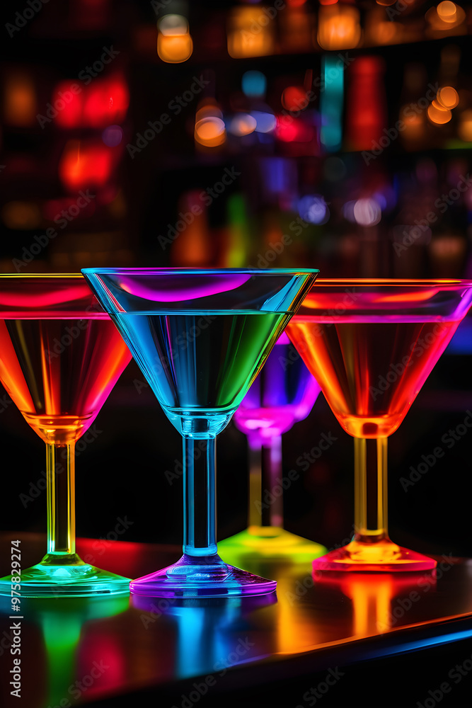 multicolor neon cocktail glasses near a bar counter multicolor neon cocktail glasses near a bar counter