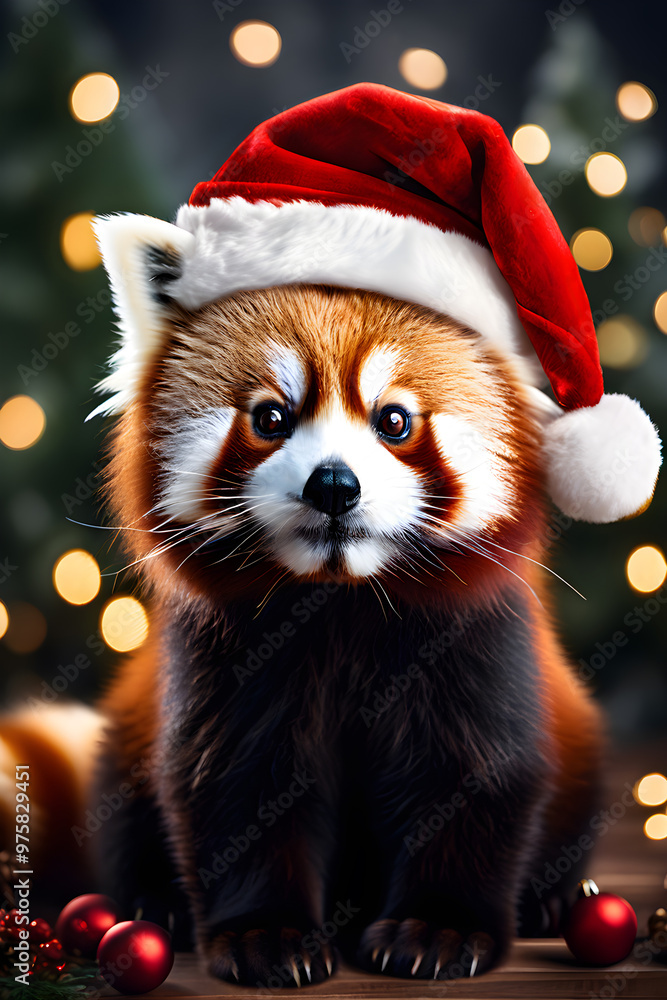 red panda in santa hat on christmas background red panda in santa hat on christmas background