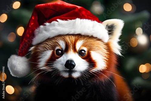 red panda in santa hat on christmas background