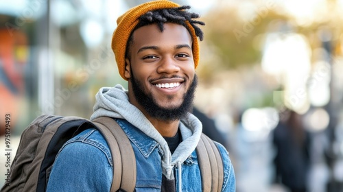 A man with a backpack and a yellow hat is smiling