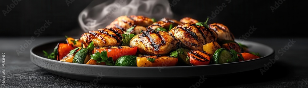 Juicy grilled chicken with vegetables on a plate, 3D illustration, vibrant colors, smoke rising from the dish, soft natural lighting, photorealistic textures, sharp details Juicy grilled chicken with vegetables on a plate, 3D illustration, vibrant colors, smoke rising from the dish, soft natural lighting, photorealistic textures, sharp details