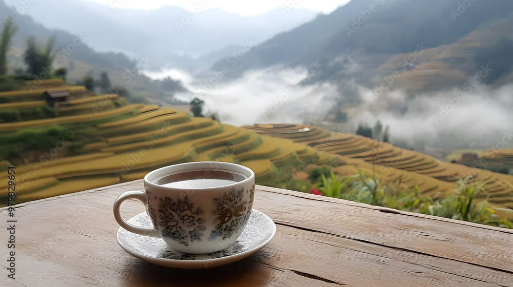 Cup of Tea with Rice Terraces and Foggy Mountain View Cup of Tea with Rice Terraces and Foggy Mountain View