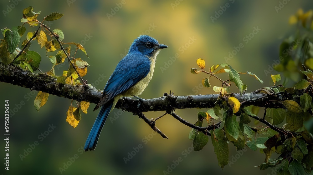 A blue bird sits on a tree branch, adorned with green leaves and yellow blooms A blue bird sits on a tree branch, adorned with green leaves and yellow blooms
