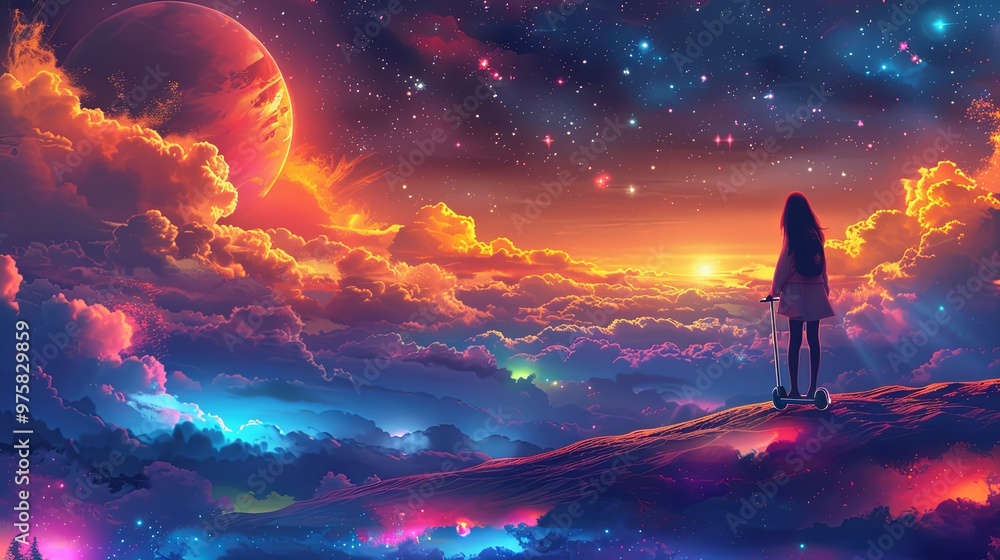 Illustration Of Young Cute Redhead Girl Riding An Electric Scooter On Colorful Fantasy Planet Illustration Of Young Cute Redhead Girl Riding An Electric Scooter On Colorful Fantasy Planet