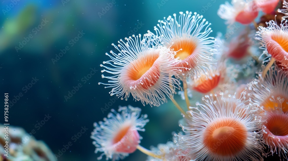 A tight shot of several sea anemones adhered to a coral, surrounded by translucent water In the foreground, a fish swims near A tight shot of several sea anemones adhered to a coral, surrounded by translucent water In the foreground, a fish swims near