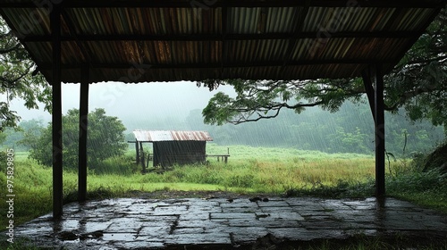 Rain pouring on a farm, viewed from the safety of a rustic shelter with a tin roof, capturing the essence of rural life