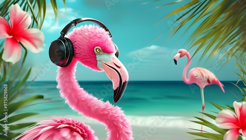 Tropical Beach Vibes with Headphone-Clad Pink Flamingo Embracing Summer Spirit photo