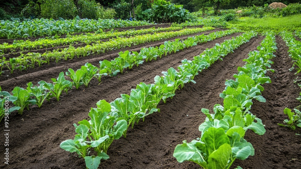 A field of vegetables including broccoli and lettuce