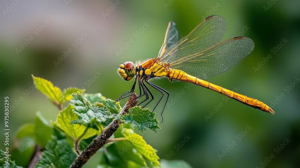 A yellow dragonfly perches on a green leaf, contrasting the blurred green backdrop A yellow dragonfly perches on a green leaf, contrasting the blurred green backdrop