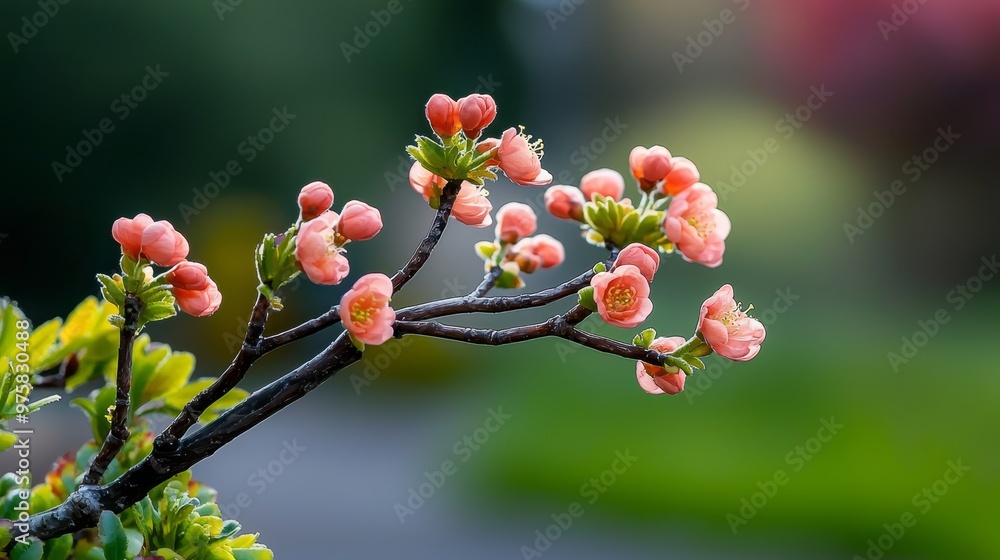 A flower in focus on a tree branch against a softly blurred backdrop of grass and trees A flower in focus on a tree branch against a softly blurred backdrop of grass and trees