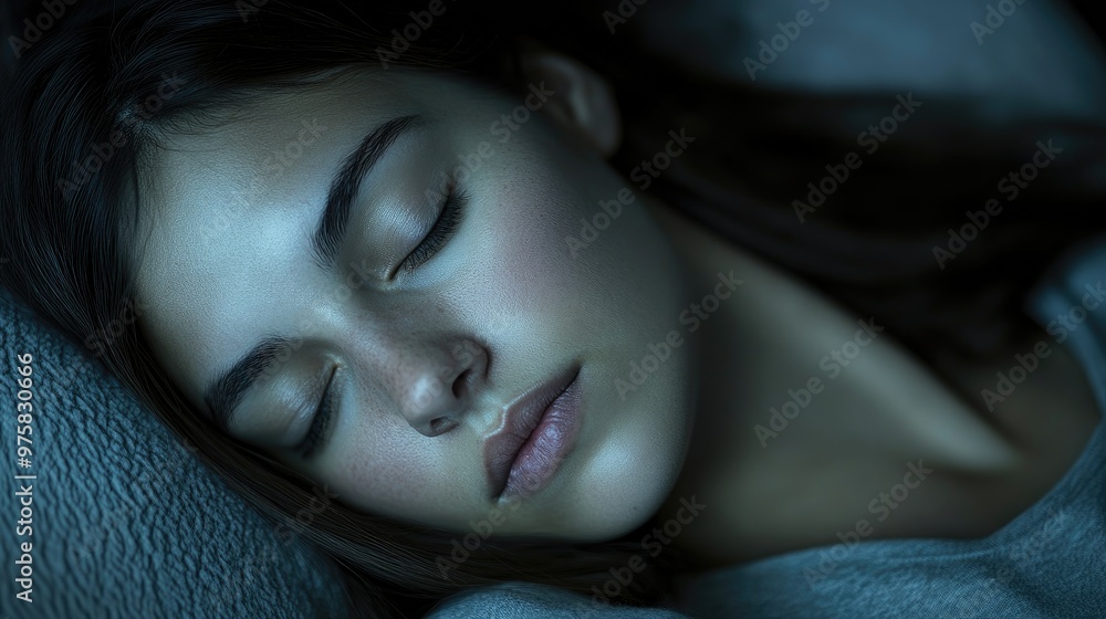 A woman is sleeping on a bed with her head resting on a pillow