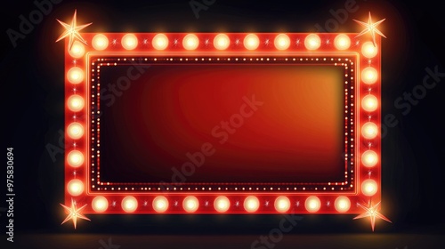 Realistic vector marquee with a red frame, neon bulbs, and star accents, creating a vibrant and classic cinema look on a dark background.