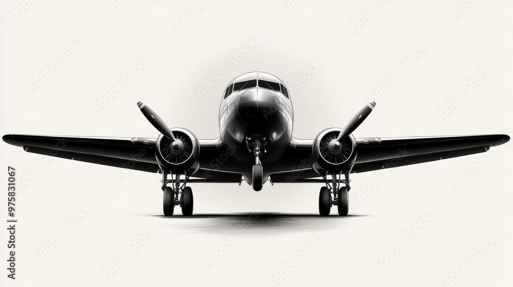 Fototapeta premium A black and white photo of a plane with its landing gear down. The plane is positioned on a runway, and its wings are spread out. Concept of calmness and serenity