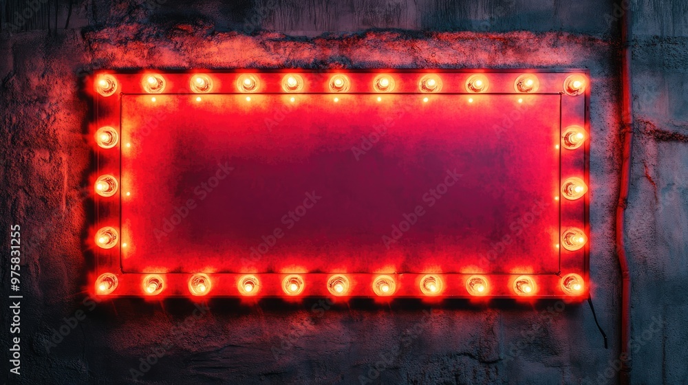Red lightbox marquee with neon lamps and stars, isolated on a dark wall, giving off a vintage cinema vibe with bright lighting. Red lightbox marquee with neon lamps and stars, isolated on a dark wall, giving off a vintage cinema vibe with bright lighting.