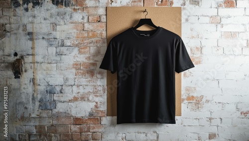 Black t-shirt hanging on brick wall. photo