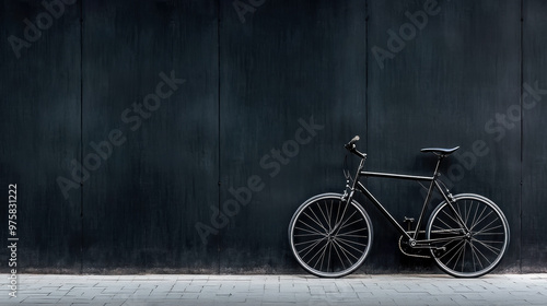 A black bicycle is parked against a wall. The bike is leaning against the wall and is not in use. The wall is dark and the bike is the only object in the scene photo