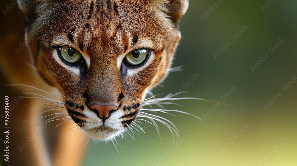 Obraz premium A tight shot of a cat's face against a softly blurred backdrop of grass and trees