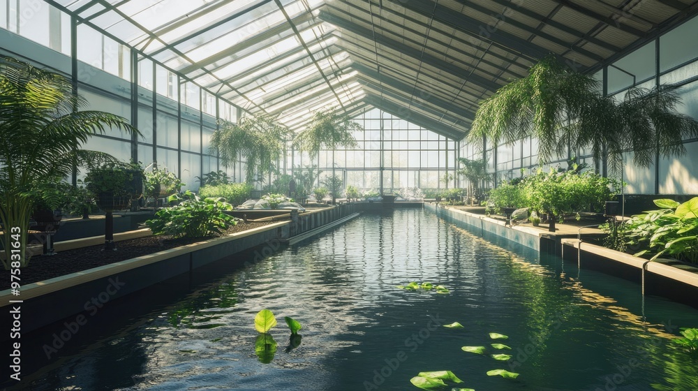 A large indoor greenhouse with a long, narrow pool of water and many plants A large indoor greenhouse with a long, narrow pool of water and many plants