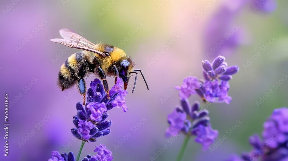A bee atop a purple bloom, beside a green-purple plant; background softly blurred A bee atop a purple bloom, beside a green-purple plant; background softly blurred