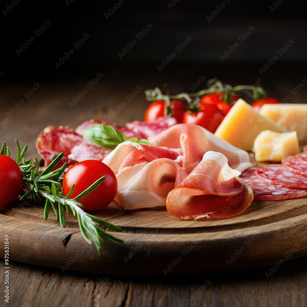 traditional italian antipasto platter, assorted cured meats like prosciutto and salami, cherry tomatoes, fresh rosemary and parmesan cheese chunks on rustic wooden surface, low angle close-up view, wa traditional italian antipasto platter, assorted cured meats like prosciutto and salami, cherry tomatoes, fresh rosemary and parmesan cheese chunks on rustic wooden surface, low angle close-up view, wa