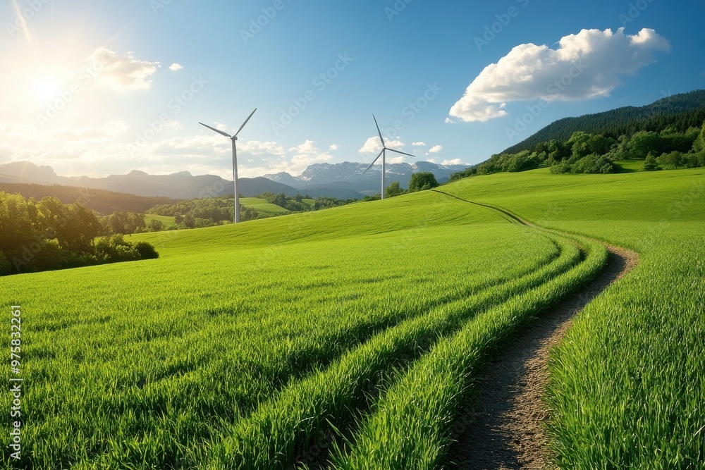 Scenic landscape with wind turbines on green fields and mountain backdrop Scenic landscape with wind turbines on green fields and mountain backdrop