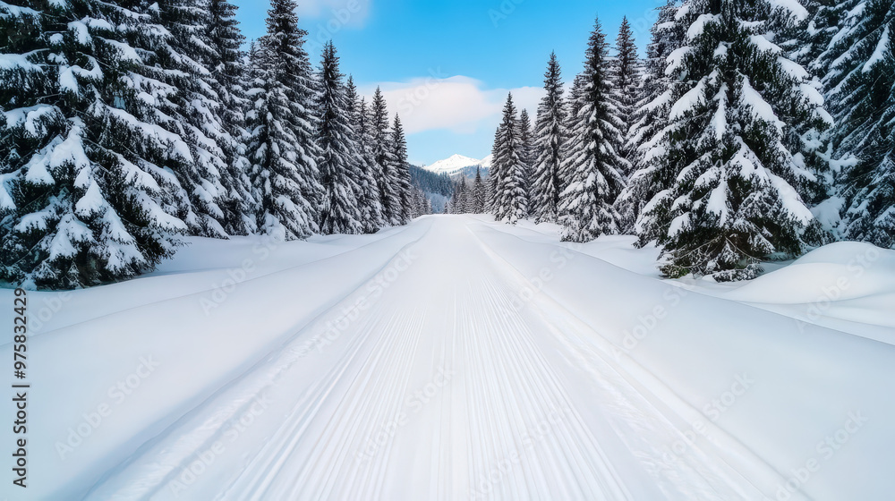 Snow-covered road in pine forest, serene winter wonderland scene Snow-covered road in pine forest, serene winter wonderland scene