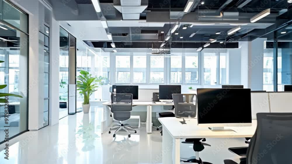 A modern open-plan office features sleek white desks, ergonomic black chairs, and large windows that flood the space with natural light. A modern open-plan office features sleek white desks, ergonomic black chairs, and large windows that flood the space with natural light.