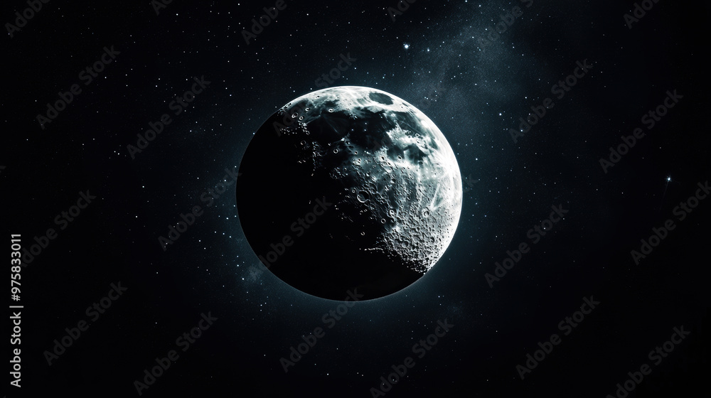 A large black moon in the night sky. The moon is surrounded by a dark background of stars A large black moon in the night sky. The moon is surrounded by a dark background of stars