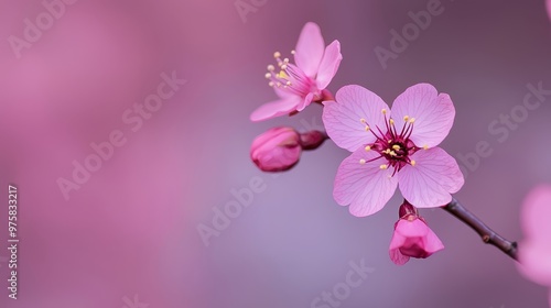  A pink flower in focus on a branch against blurred background flowers and greenery