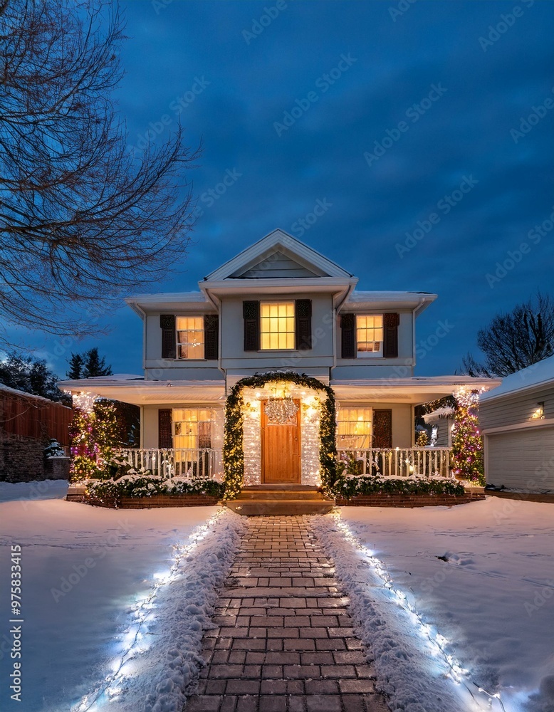 Una casa familiar tradicional decorada con luces navideñas y guirnaldas ...