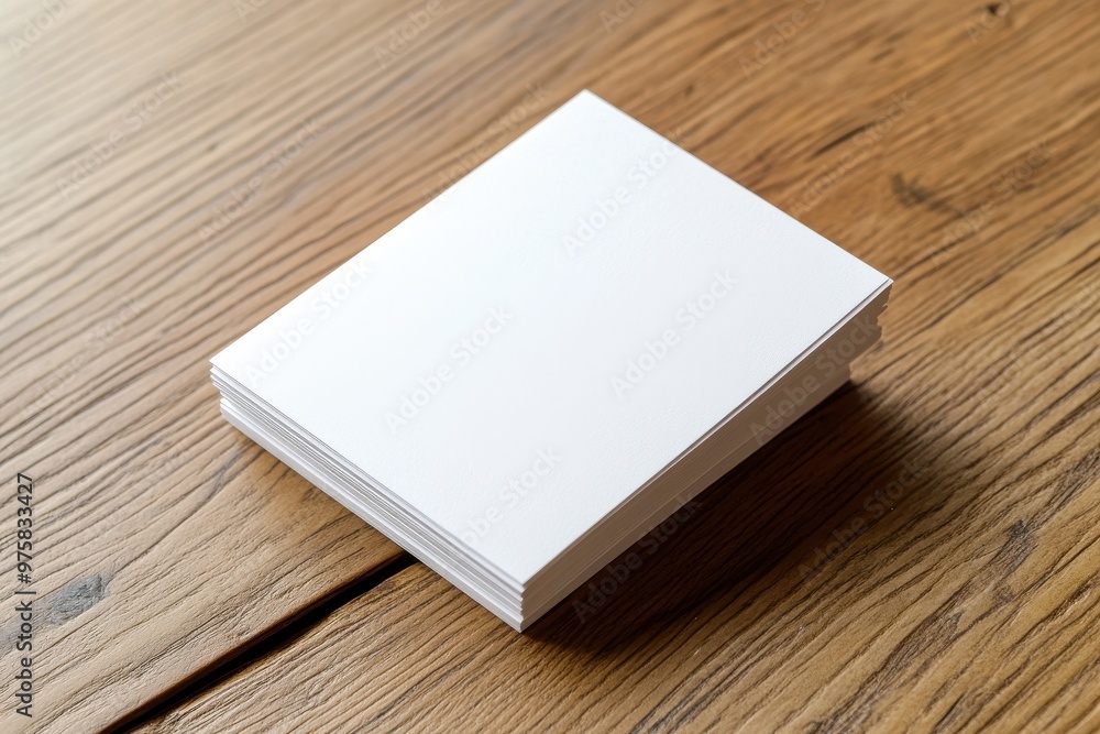 Stack of blank white cards on wooden table ready for printing or writing Stack of blank white cards on wooden table ready for printing or writing