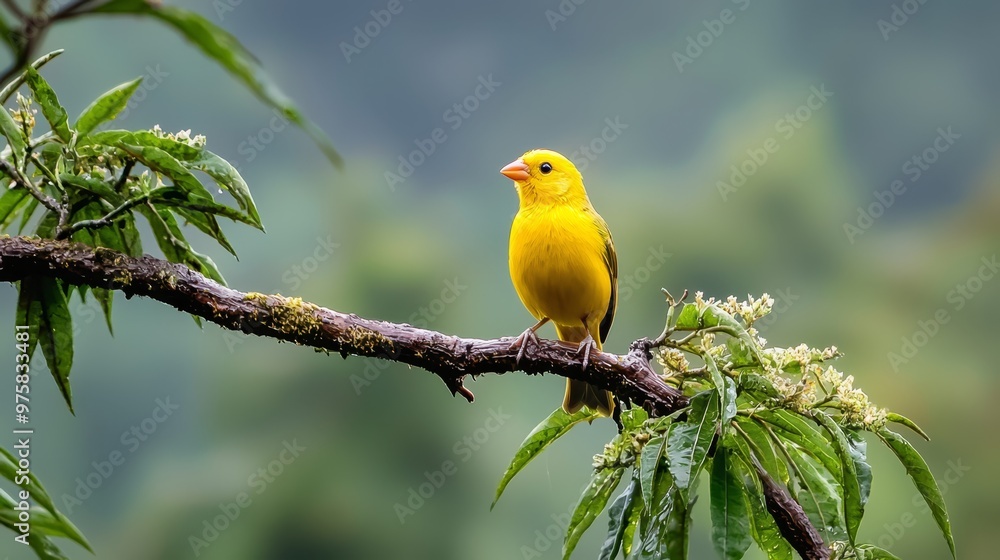  A tiny yellow bird sits on a tree branch, surrounded by green foliage The backdrop features a slightly out-of-focus sky