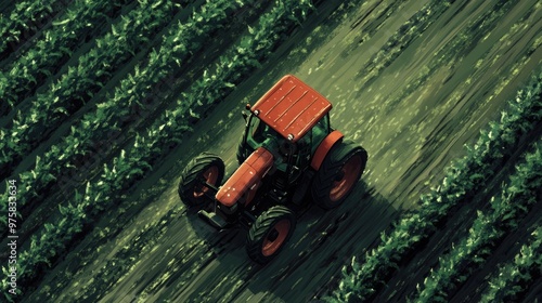 A red tractor is driving through a field of green plants