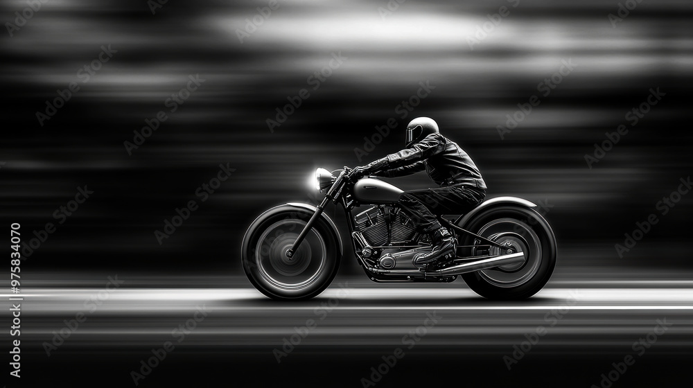 A man is riding a motorcycle on a dark road. The image has a moody and intense feel to it, as the man is speeding down the road with his motorcycle A man is riding a motorcycle on a dark road. The image has a moody and intense feel to it, as the man is speeding down the road with his motorcycle