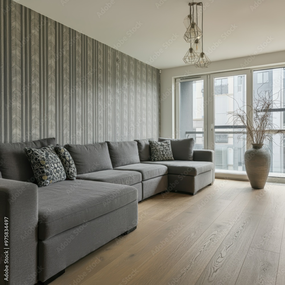 Fototapeta premium large living room, modern interior design, long gray sectional sofa with patterned throw pillows, accent wallpaper featuring geometric patterns, hardwood floors, pendant lighting, floor vase with plan