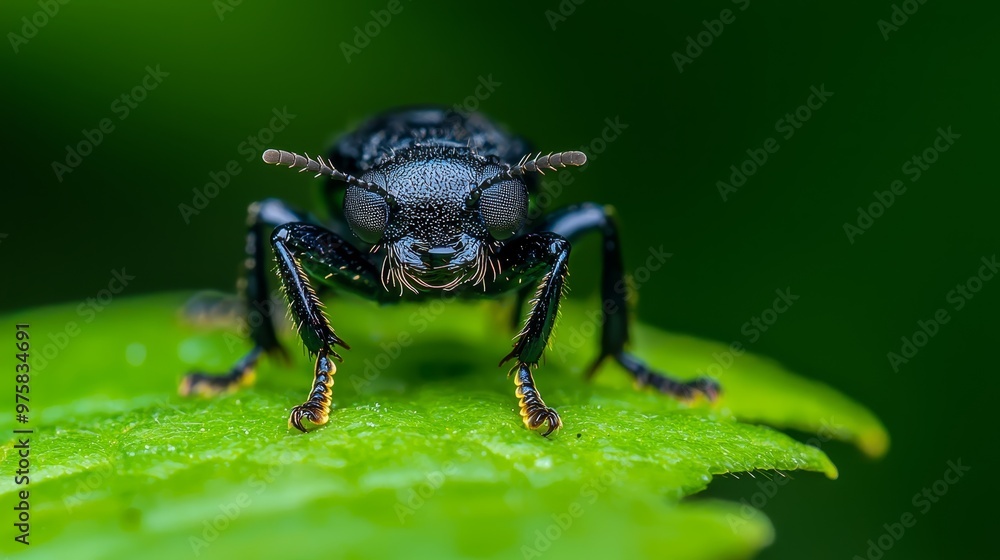 A tight shot of a black insect perched on a verdant leaf, its back legs dotted with water droplets A tight shot of a black insect perched on a verdant leaf, its back legs dotted with water droplets