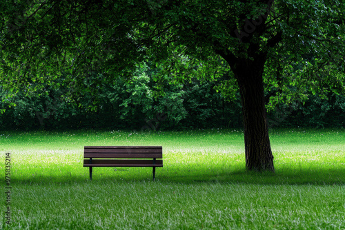 A park bench sits in a lush green field. The bench is empty and the grass is wet from the rain. The scene is peaceful and serene, with the tree in the background providing a sense of calm