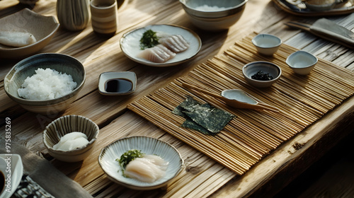 Top-down view of a Japanese table with sushi ingredients: fresh fish, rice, seaweed, soy sauce, and wasabi, alongside a beautifully arranged sushi platter. Minimalistic, clean Japanese presentation.