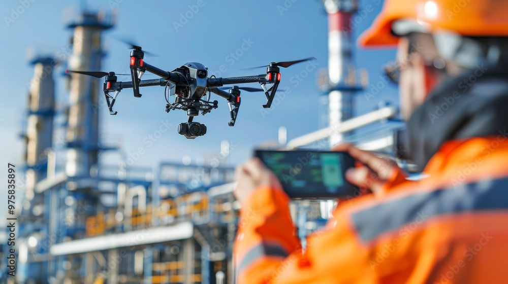 A technician uses a drone for monitoring in an industrial environment, showcasing modern technology. A technician uses a drone for monitoring in an industrial environment, showcasing modern technology.