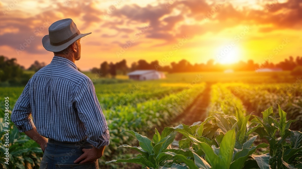 A man in a straw hat stands in a field of green plants A man in a straw hat stands in a field of green plants