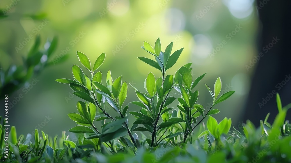 A tight shot of a plant featuring green foliage in the foreground, while the background is composed of trees with a soft, blurred appearance A tight shot of a plant featuring green foliage in the foreground, while the background is composed of trees with a soft, blurred appearance