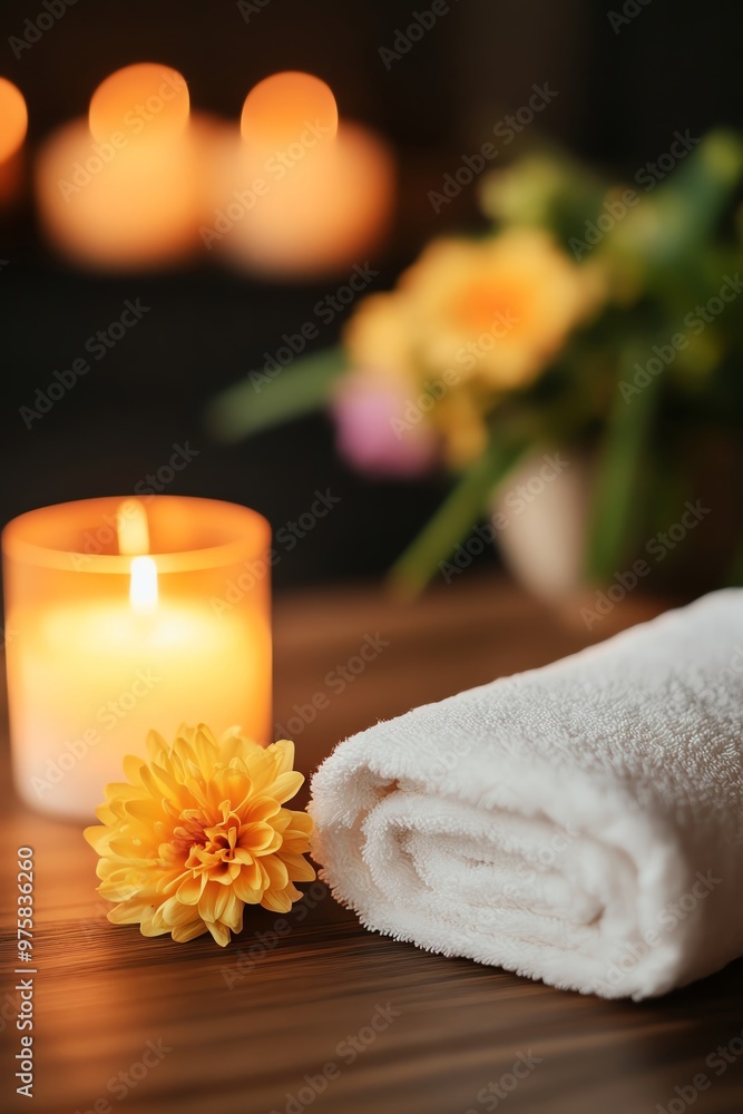 A serene scene with a rolled towel, a glowing candle, and a vibrant flower, perfect for relaxation and spa-themed visuals. A serene scene with a rolled towel, a glowing candle, and a vibrant flower, perfect for relaxation and spa-themed visuals.