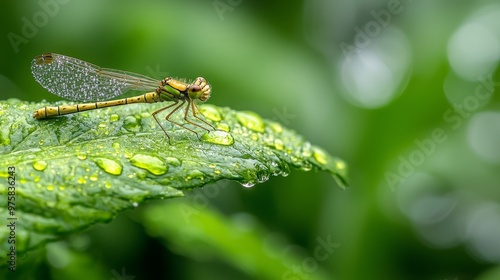  A tight shot of a dragonfly perched on a verdant leaf, adorned with water droplets at its hindwing tips