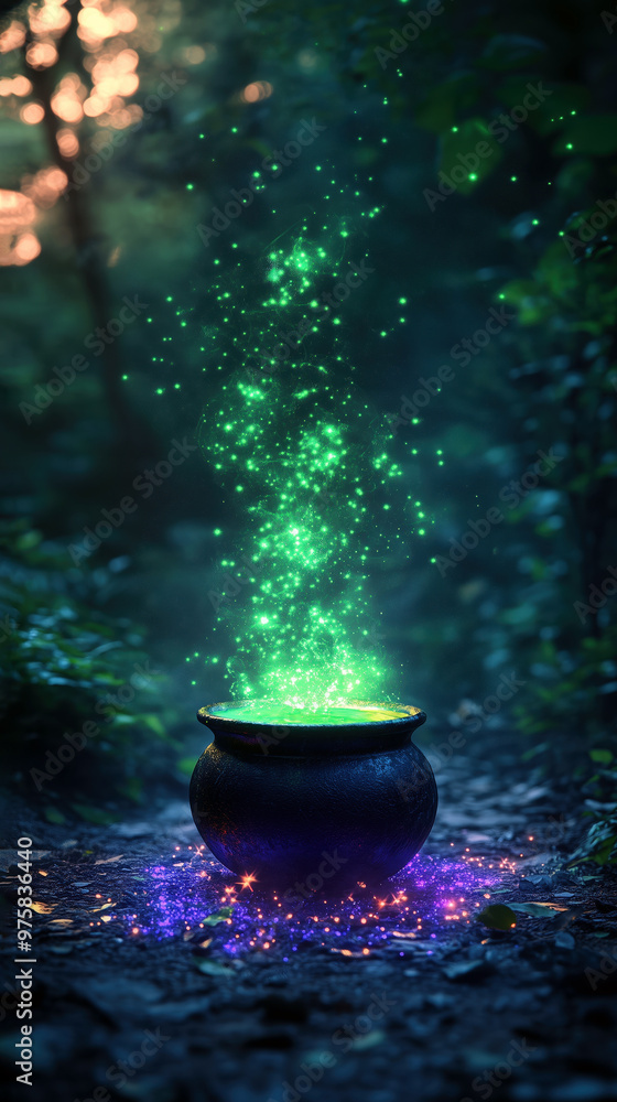 Enchanted Cauldron with Magical Sparks in a Mystical Forest Setting Enchanted Cauldron with Magical Sparks in a Mystical Forest Setting