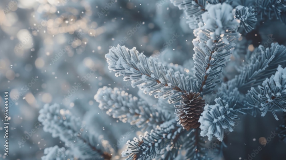 Frost-covered pine branches glimmer in the winter light. Snowflakes fall gently on the cold evergreen, creating a magical scene. Frost-covered pine branches glimmer in the winter light. Snowflakes fall gently on the cold evergreen, creating a magical scene.