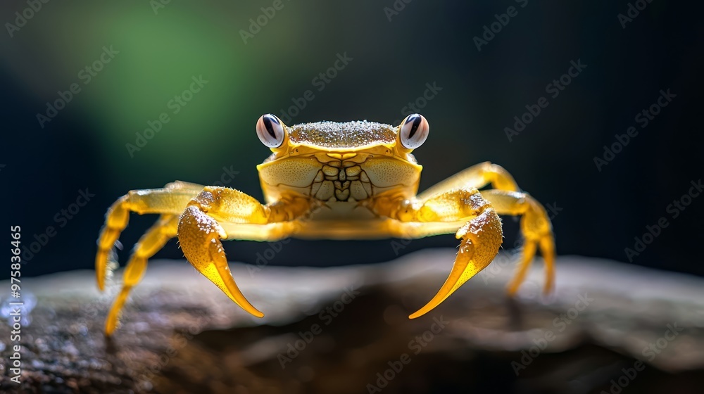 A tight shot of a tiny yellow crab perched on a driftwood piece, with water beads adorning its legs A tight shot of a tiny yellow crab perched on a driftwood piece, with water beads adorning its legs
