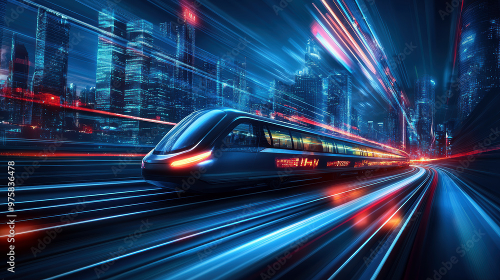 A train is traveling down a track in a city at night. The train is surrounded by a bright blue background, and the city lights can be seen in the distance. Concept of movement and energy A train is traveling down a track in a city at night. The train is surrounded by a bright blue background, and the city lights can be seen in the distance. Concept of movement and energy